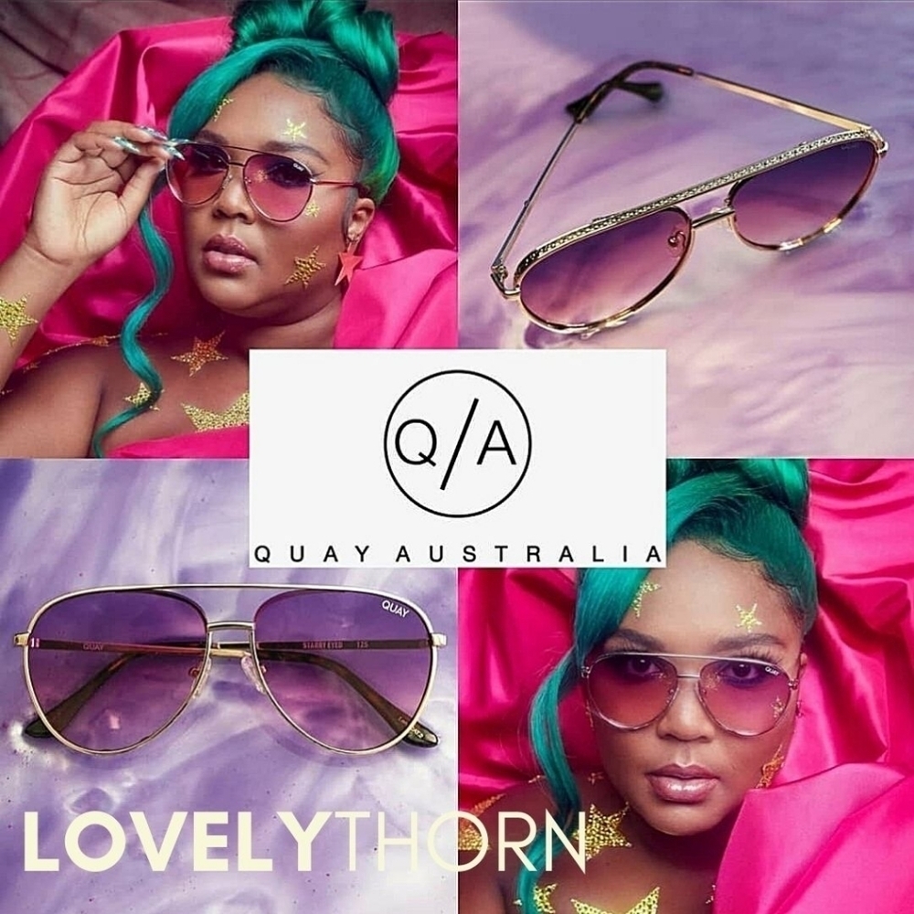 QUAY // ltd ed lizzo collab purple lens gold embossed metal frame aviators - Picture 3 of 16